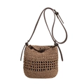 Handwoven straw shoulder tote bag with vintage wooden toggle closure and leather strap - Khaki