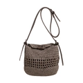 Brown handmade crochet tote bag with adjustable leather strap and hollow weave design - Gray