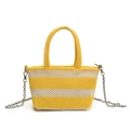 Summer yellow and cream striped woven handbag with silver chain strap on white background - Yellow
