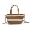 Brown and white striped crochet tote bag with brown handles and a silver metal chain - Khaki