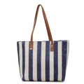 Sac fourre-tout tissé à la main avec rayures bleues et blanches et longues anses brunes - Bleu