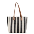 Grand sac cabas tressé à rayures noires et blanches avec anses en similicuir marron - Noir