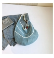 Blue and white crochet tote bag with a red strawberry charm and striped knit pattern - With Ornament / Blue