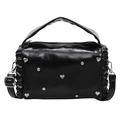 Borsa a tracolla plissettata nera con borchie a cuore e tracolla regolabile lucida - Nero