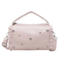 Dettaglio borsa tote rosa con volant laterali, ornamento a cuore e finiture argento - Rosa