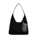 Minimalist black faux suede crescent hobo shoulder bag with detachable mini pouch - Black