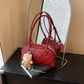 Red quilted shoulder bag with long handles and cute plush bear charm on its front - With Charm / Red