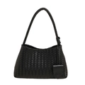 Detail of black woven leather shoulder bag with intricate knot texture and hanging charm - Black