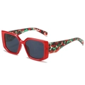 Fashionable square red frame sunglasses with colorful camo patterned wide temples - Red Frame Grey Lens