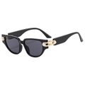 Vintage square sunglasses with black frame, grey lenses and gold pearl temple detail - Black Frame Grey Lens