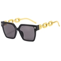 Fashion square frame sunglasses with gold chain temples and star rivets on white background - Black Frame Gold Temple Grey Lens