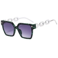 Fashion square sunglasses with green tortoiseshell frame and silver metal chain temples - Green Leopard Frame Silver Temple Double Grey Lens