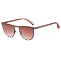 Brown geometric sunglasses with blue top trim and gradient resin lenses in side view - Tea Frame Tea Lens