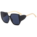 Chic oversized square sunglasses with black frames and gold metal temples in 45-degree view - Black Frame Grey Lens