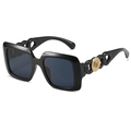 Chic square black sunglasses featuring thick frames and gold rose link chain temples - Black Frame Grey Lens