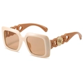 Chic beige square sunglasses with brown temples and gold chain cutout detail - Beige Frame Brown Temple Champagne Lens