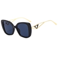 Y2K style square black sunglasses with blue lenses and golden heart cutout temples - Black Frame Grey Lens