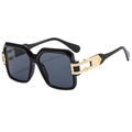 Fashionable oversized square black sunglasses with luxury gold metal hollow temples for women - Black Frame Grey Lens