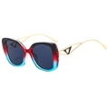 Y2K square sunglasses featuring red and blue gradient frames with golden hollow temples - Black Red Blue Gradient Frame Grey Lens