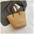 Large hand-woven straw beach bag with dark brown leather handles and natural texture - Without Scarf / Khaki