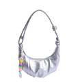 Chic silver metallic crescent shoulder bag with pleated texture and colorful bead charm - Silver