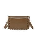Brown glossy leather crossbody square bag with woven edge details and matching shoulder strap - Brown