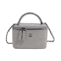 Schicke silberne Pailletten-Box-Tasche mit Metallgriff, Blumenemblem und Kette - Diamantmuster Groß