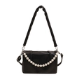 Classic black French pleated shoulder bag with pearl chain and adjustable wide strap - Black