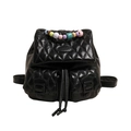 Quilted black backpack with macaron bead handle and elegant drawstring opening - Black