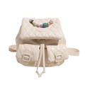 Creamy white quilted mini backpack with colorful pearl handle and macaron lattice design - White