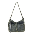 Vintage cyan denim shoulder bag with twin pockets and a blue striped silk scarf detail - Denim Blue