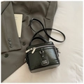 Black glossy crinkled leather mini box bag with silver hardware and dual top handles - Black without Pendant