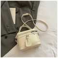 Creamy beige square crossbody bag with crinkled texture and silver zipper detail - White Without Pendant