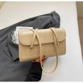 Beige pleated leather underarm bag with rectangular flap and long strap for women - No Pendant / Khaki