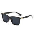 Fashionable square black sunglasses with polished gold metal hinge accents in 45-degree view - Black Frame Black Grey Lens