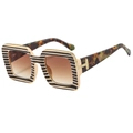 Square striped sunglasses with brown gradient lenses and gold T-shaped metal hinges - Beige Stripe Frame Tea Lens
