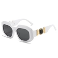 Modern white sunglasses with dark grey lenses and decorative gold metal temples - White Frame Gray Lens