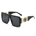 Stylish square oversized sunglasses with black thick frame and golden hollow accents - Black Frame Black Grey Lens