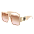 Square oversized sunglasses with beige frames, gradient lenses and gold metal accents - Beige Frame Brown Pink Lens