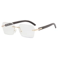 Frameless luxury hexagonal sunglasses with gold metal accents and dark grey wood grain arms - Black Marble Pattern Temple Clear Lens