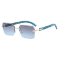 Fashionable rimless square sunglasses with blue gradient lenses and gold metal accents - Blue Wood Grain Temple Grey Blue Lens
