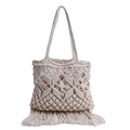 Handmade macrame woven tote bag with fringe tassels and diamond mesh pattern for summer beach - Off White