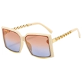 Fashionable beige square sunglasses with gold chain temples and orange gradient lenses - Beige Frame Brown Blue Gradient