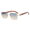 Frameless geometric sunglasses with blue-yellow gradient lenses and wood texture temples - Brown Wood Grain Temple Green Yellow Lens