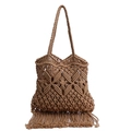 Handmade tan macrame tote bag with bohemian fringe and woven strap in summer style - Khaki