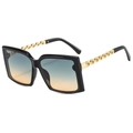 Chic black square sunglasses with gold hollow chain temples and blue-orange gradient lenses - Black Frame Green Yellow Gradient Lens