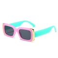 Pink and green contrast rectangular sunglasses with gold metal trim dopamine style - Pink Frame Green Temple Grey Lens