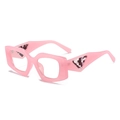 Pink square thick frame fashion sunglasses with marble triangle detail shown at a 45-degree angle - Pink Frame Clear Lens