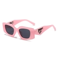 Fashionable pink thick square frame sunglasses with dark lenses and marble triangle detail - Pink Frame Grey Lens