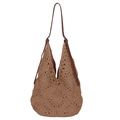 Caramel brown hand-woven crochet hobo bag with synthetic leather strap on white background - Khaki